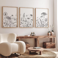 Botanical line art, floral wall decor, wildflower art, Boho Botanical Prints, Wildflower Nursery Decor, floral nursery, black and white