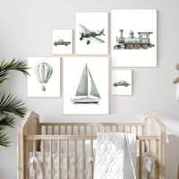 Vehicle art print set, sage green, Boys room, car train plane boat hot air balloon, boys transportation print, boys nursery room decor