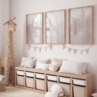 Nursery decor woodland, mountain wall art, pink nursery decor, adventure theme nursery, forest, pink and gray, woodland animals