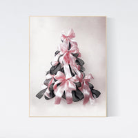 Bow print, Christmas tree, Christmas gift, nursery wall art, girls room, teen room, pink and black, ribbon, gift for girls, gift for her