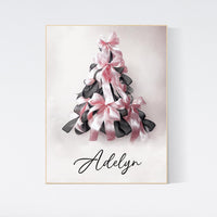 Bow print, Christmas tree, Christmas gift, nursery wall art, girls room, teen room, pink and black, ribbon, gift for girls, gift for her