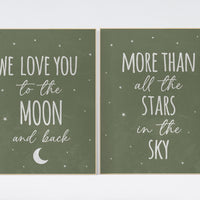 Nursery decor sage green, we love you to the moon and back, Nursery wall art, green nursery decor, moon and stars, nursery prints