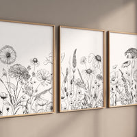 Botanical line art, floral wall decor, wildflower art, Boho Botanical Prints, Wildflower Nursery Decor, floral nursery, black and white