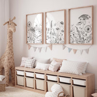 Botanical line art, floral wall decor, wildflower art, Boho Botanical Prints, Wildflower Nursery Decor, floral nursery, black and white