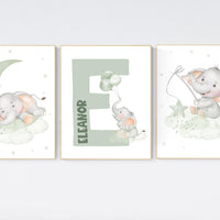 Elephant nursery, Sage green nursery, sage nursery, gender neutral, elephant print, nursery wall art, green nursery, baby room wall art