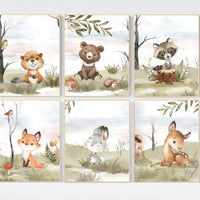 Woodland nursery decor, animals prints, woodland themed nursery, nursery wall art, nursery prints gender neutral, woodland animal prints