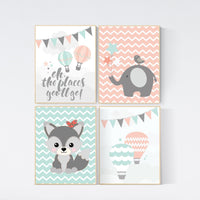 Coral teal nursery, Oh the places you'll go, coral teal nursery, nursery decor girls, baby room decor, set of 4, fox nursery