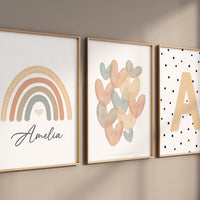 Custom rainbow nursery prints, Boho personalized wall art for kids, Earth-tone nursery decor, heart print, monogram set, Neutral rainbow