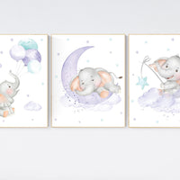 Nursery decor girl, purple teal, elephant nursery decor, lilac nursery print, lavender, baby room decor, nursery wall art, elephant print