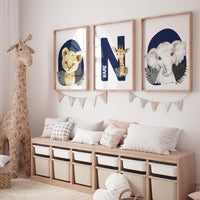Safari Nursery Wall Prints, Boho Nursery Prints, jungle animals, navy blue Nursery Art, animal Nursery Decor, animal prints
