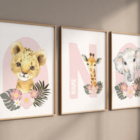Safari Animals, girl nursery, Animals Prints, Woodland Nursery Decor, Safari Nursery Wall Art, floral animal prints, Pink Safari Animals