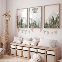 Adventure Awaits wall art, Mountain adventure art set, Nursery decor woodland, mountain wall art, tree nursery decor, forest nursery