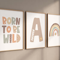 Born to be wild print, Boho nursery wall art, Custom name nursery art, baby nursery prints, Rainbow print, Neutral baby room prints