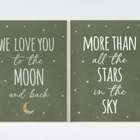 Nursery decor sage gold, we love you to the moon and back, Nursery wall art, green nursery decor, moon and stars, nursery prints