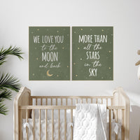 Nursery decor sage gold, we love you to the moon and back, Nursery wall art, green nursery decor, moon and stars, nursery prints