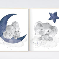 Nursery decor elephant, navy nursery decor, moon and stars, navy blue nursery art, baby room, elephant nursery, elephant prints