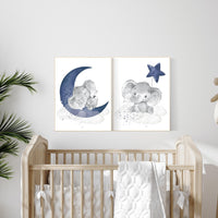 Nursery decor elephant, navy nursery decor, moon and stars, navy blue nursery art, baby room, elephant nursery, elephant prints