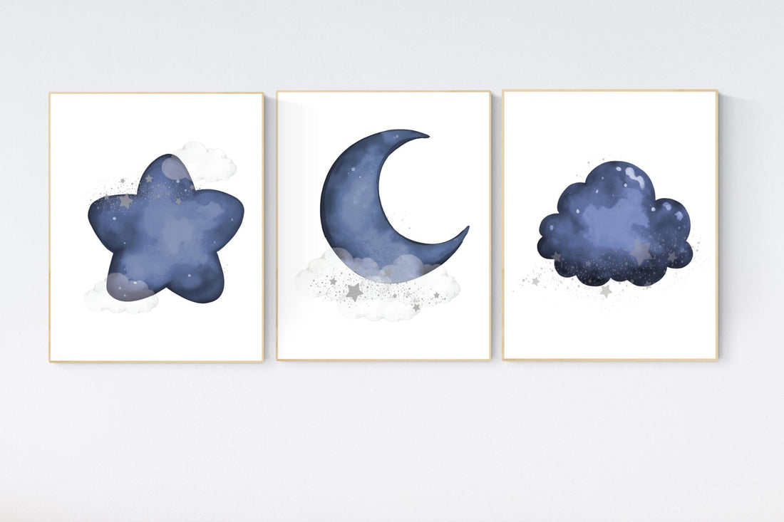 Navy nursery decor boy, navy blue nursery art. baby room wall art, boy nursery decor, set of 3, navy gray, cloud and stars, moon and stars