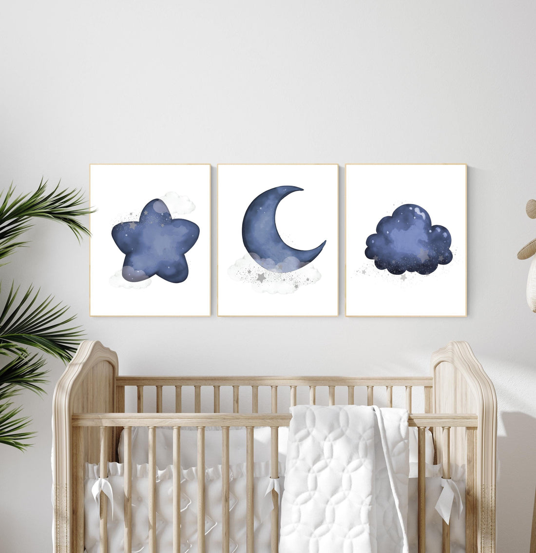 Navy nursery decor boy, navy blue nursery art. baby room wall art, boy nursery decor, set of 3, navy gray, cloud and stars, moon and stars