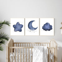 Navy nursery decor boy, navy blue nursery art. baby room wall art, boy nursery decor, set of 3, navy gray, cloud and stars, moon and stars