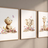 Nursery wall art animals, flower animals, flower nursery, baby room decor, bear, elephant, giraffe, animal prints, girls room decor