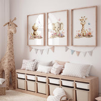 Nursery wall art animals, flower animals, flower nursery, baby room decor, bear, elephant, giraffe, animal prints, girls room decor