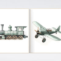 Vehicle art print set, sage green, Boys room, train print, plane print, boys transportation print, boys nursery room decor