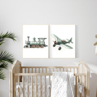 Vehicle art print set, sage green, Boys room, train print, plane print, boys transportation print, boys nursery room decor