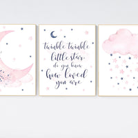 Nursery decor, pink and navy nursery art, navy pink, stars, moon, cloud, twin nursery, gender neutral, twinkle twinkle little star