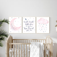 Nursery decor, pink and navy nursery art, navy pink, stars, moon, cloud, twin nursery, gender neutral, twinkle twinkle little star