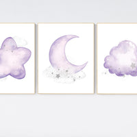Nursery decor girl purple, nursery decor girl lavender and gray, lilac nursery, purple nursery, cloud, moon and stars, baby room wall, stars