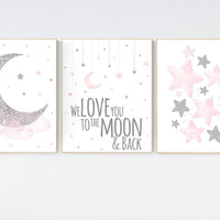 Nursery wall art girl, pink and silver nursery, cloud, stars, pink nursery art, cloud and stars, baby room decor for girls, pink silver