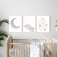 Nursery wall art girl, pink and silver nursery, cloud, stars, pink nursery art, cloud and stars, baby room decor for girls, pink silver