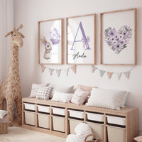 Personalized bunny nursery art, custom baby name print, purple balloon nursery decor, floral heart baby room print, rabbit wall art