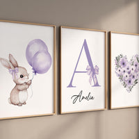 Personalized bunny nursery art, custom baby name print, purple balloon nursery decor, floral heart baby room print, rabbit wall art
