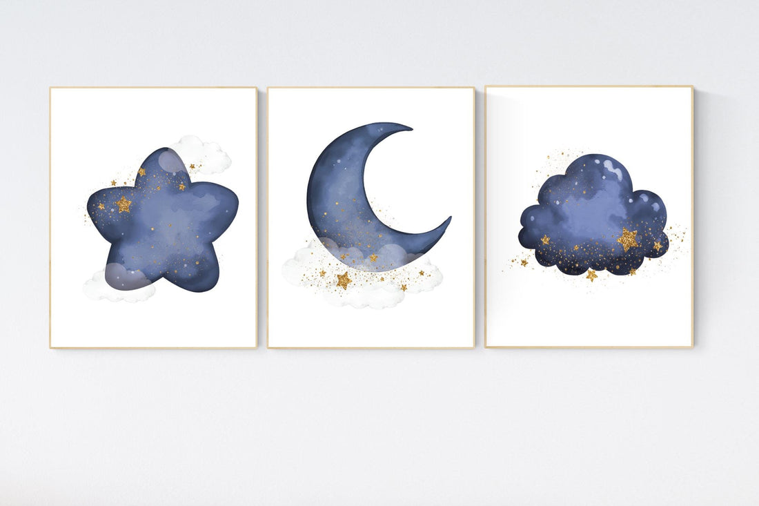 Navy nursery decor, cloud and stars, moon and stars, navy gold nursery art. baby room wall art, boy nursery decor, set of 3, nursery art