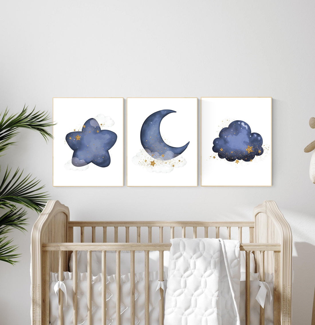 Navy nursery decor, cloud and stars, moon and stars, navy gold nursery art. baby room wall art, boy nursery decor, set of 3, nursery art