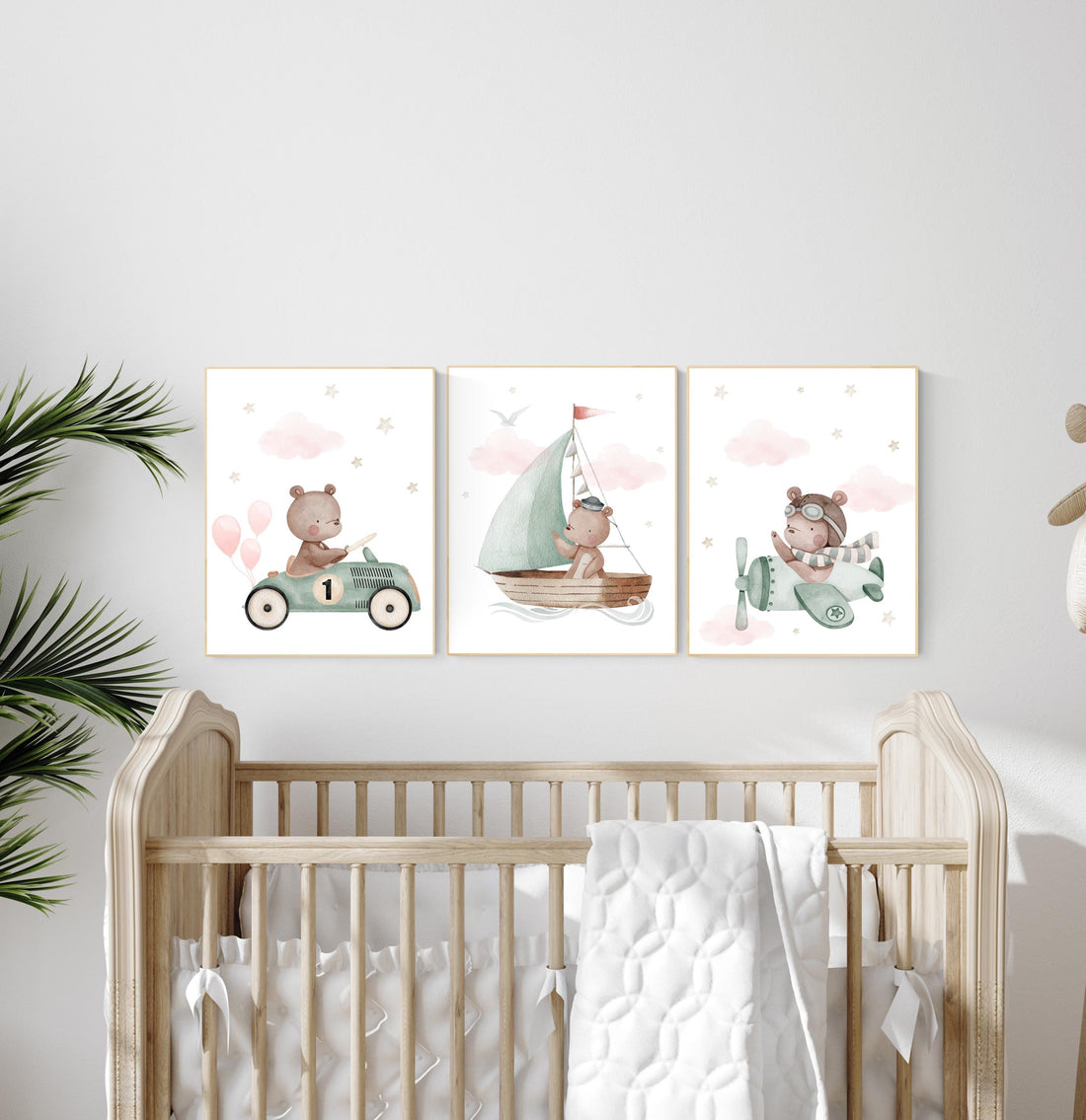 Nursery decor bear, gender neutral nursery, travel nursery, plane nursery, car nursery, bear nursery print, teddy bear decor, sage green