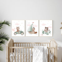 Nursery decor bear, gender neutral nursery, travel nursery, plane nursery, car nursery, bear nursery print, teddy bear decor, sage green