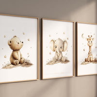 Nursery wall art animals, gray nursery, gender neutral nursery, neutral nursery, baby room decor, bear, elephant, giraffe, animal prints