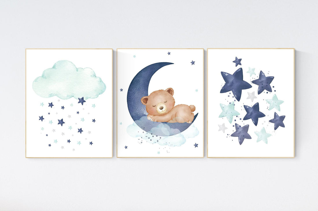 Nursery decor bear, nursery decor boy, bear nursery print, cloud nursery decor, nursery wall art animals, boy nursery, navy teal nursery