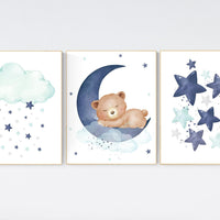 Nursery decor bear, nursery decor boy, bear nursery print, cloud nursery decor, nursery wall art animals, boy nursery, navy teal nursery