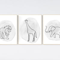Nursery wall art animals, line art, animal nursery, gender neutral nursery, neutral nursery, grey nursery, lion, elephant, giraffe