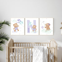 Nursery decor girl, purple and teal, nursery decor bear, teddy bear nursery, lilac nursery print, lavender, baby room decor, purple teal