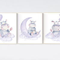 Nursery prints hippo, hippos, animal prints, purple nursery, nursery decor girl, hippopotamus, cute hippo, nursery wall art, lilac, lavender