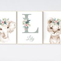 Girl nursery decor, Nursery wall art animals, Safari animals, Floral Nursery Prints, pink nursery, girls nursery decor, elephant nursery