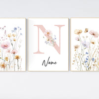 Personalized floral nursery art, wildflower name print, boho nursery,botanical baby room decor, pastel flower nursery print, name wall art