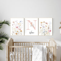 Personalized floral nursery art, wildflower name print, boho nursery,botanical baby room decor, pastel flower nursery print, name wall art