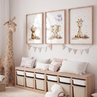 Baby girl nursery wall art set, purple and beige animal prints with elephant, bear, giraffe, neutral safari nursery decor, baby room prints