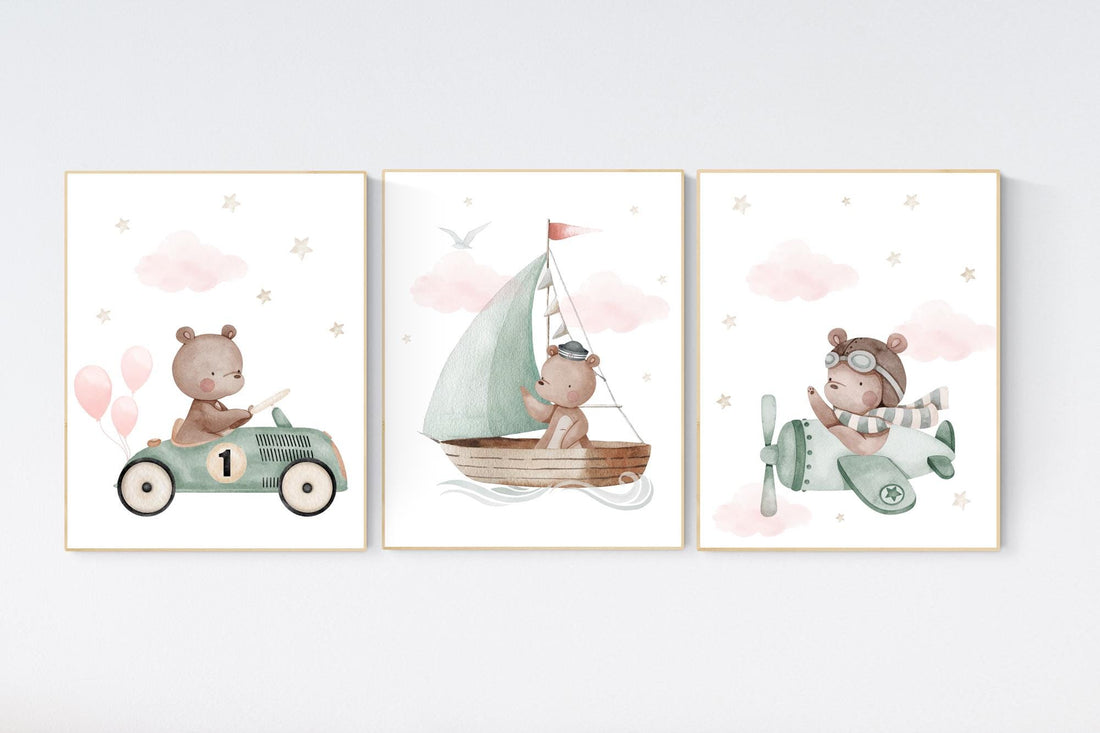 Nursery decor bear, gender neutral nursery, travel nursery, plane nursery, car nursery, bear nursery print, teddy bear decor, sage green
